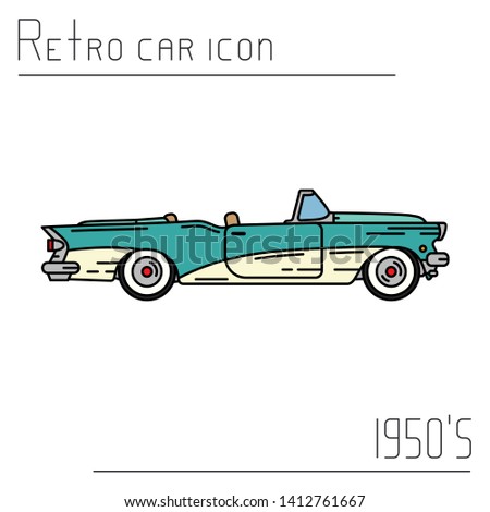 Color vector icon american cabriolet auto oldtimer. Classic 1950s style. Nostalgia antique automobile. Summer travel vacation. Vintage sport car. Highway. Garage. Collection. Illustration for design.