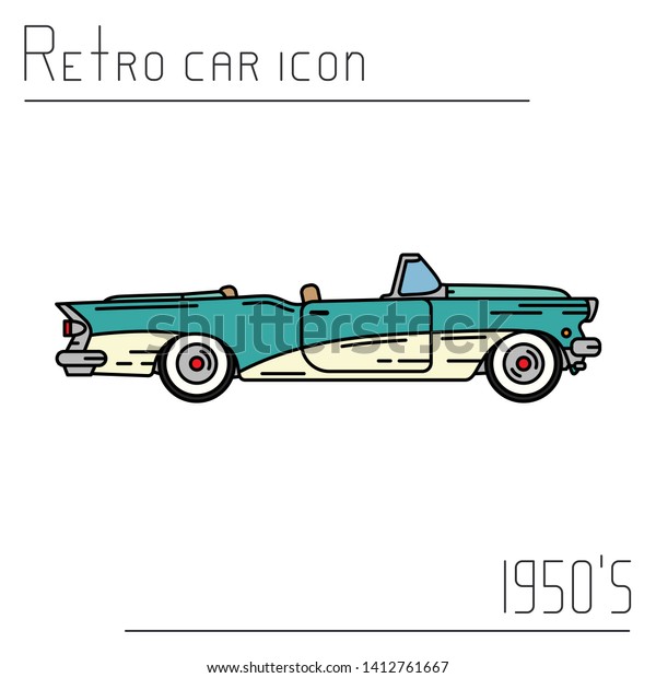 Color vector icon american cabriolet auto\
oldtimer. Classic 1950s style. Nostalgia antique automobile. Summer\
travel vacation. Vintage sport car. Highway. Garage. Collection.\
Illustration for design.