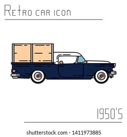 Color vector icon american delivery wagon worker auto oldtimer. Classic 1950 style. Nostalgia antique automobile. City delivery cargo pickup. Vintage highway collection garage. Illustration for design