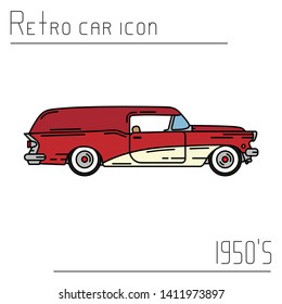 Color vector icon american delivery wagon auto oldtimer. Classic 1950 style. Nostalgia antique automobile. City delivery cargo van. Vintage highway car. Garage. Collection car. Illustration for design