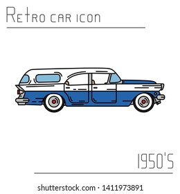 Color vector icon american family van auto oldtimer. Classic 1950s style. Nostalgia antique automobile. Summer travel vacation. Vintage cartoon car. Highway. Collection car. Illustration for design.