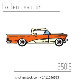 Color vector icon american oldtimer pickup auto. Classic 1950s style. Nostalgia antique automobile. Summer travel vacation. Vintage cartoon. Country highway. Retro garage. Illustration collection car.