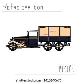 Color vector icon american oldtimer cargo wagon truck. Classic 1930 style. Nostalgia antique automobile. Worker auto transport station. Vintage country highway. Retro garage illustration collection.