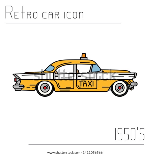 Color vector icon american taxi auto oldtimer.\
Classic 1950s style. Nostalgia antique automobile. Passenger taxi\
city service. Vintage highway car. Cab garage. Collection car.\
Illustration for design