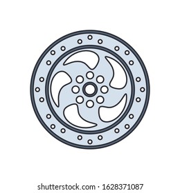 Color vector icon auto moto parts accessories brake disk. Repair service equipment. Engine elements shop catalog. Vintage vehicle symbol. Motorcycle mechanic. Transportation. Graphic element sign.