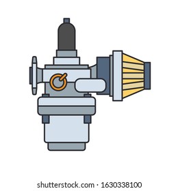 Color vector icon auto moto parts accessories carburetor. Repair service equipment. Engine elements shop catalog. Vintage vehicle symbol. Motorcycle mechanic. Transportation graphic element background