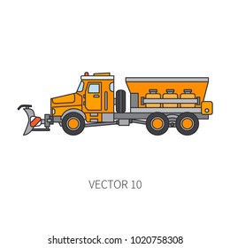 Color vector icon construction machinery snowplower truck tipper. Industrial style. Corporate cargo delivery. Snow remove shovel. Commercial transportation. Rescue service. Diesel power. Illustration.