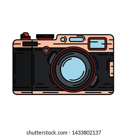 Color vector icon with digital slr professional camera. Photography art. Megapixel photocamera. Cartoon style illustration, element design. Photographic lens. Snapshot equipment. Digital photo studio.