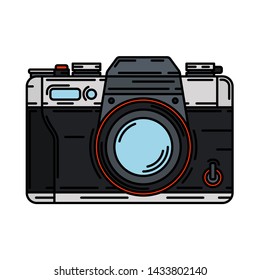 Color vector icon with digital slr professional camera. Photography art. Megapixel photocamera. Cartoon style illustration, element design. Photographic lens. Snapshot equipment. Digital photo studio.