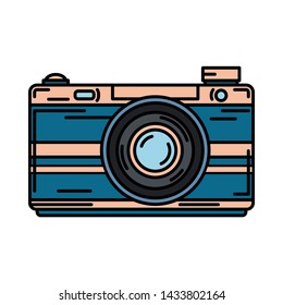 Color vector icon with digital slr professional camera. Photography art. Megapixel photocamera. Cartoon style illustration, element design. Photographic lens. Snapshot equipment. Digital photo studio.