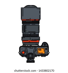Color vector icon with digital slr professional camera. Photography art. Megapixel photocamera. Cartoon style illustration, element design. Photographic lens. Snapshot equipment. Digital photo studio.