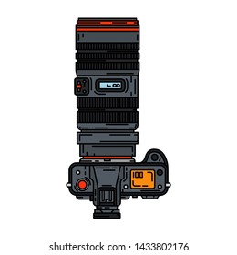 Color vector icon with digital slr professional camera. Photography art. Megapixel photocamera. Cartoon style illustration, element design. Photographic lens. Snapshot equipment. Digital photo studio.
