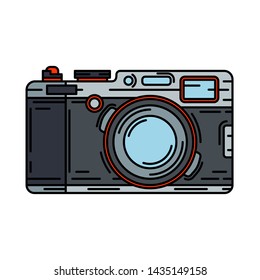 Color vector icon with digital slr professional camera. Photography art. Retro photocamera logo. Cartoon style illustration, element design. Photographic lens. Snapshot equipment. Digital photo studio