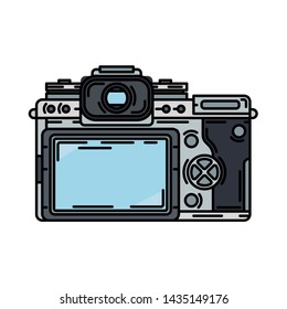 Color vector icon with digital slr professional camera. Photography art. Retro photocamera logo. Cartoon style illustration, element design. Photographic lens. Snapshot equipment. Digital photo studio