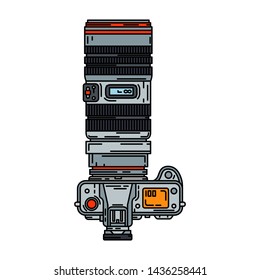 Color vector icon with digital slr professional camera. Photography art. Megapixel photocamera. Cartoon style illustration, element design. Photographic lens. Snapshot equipment. Digital photo studio.