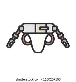 Color vector icon hockey, rugby, baseball defense armor plates. Sport equipment success symbol. Athletic competition activity. American football training team game. Retro style illustration element.