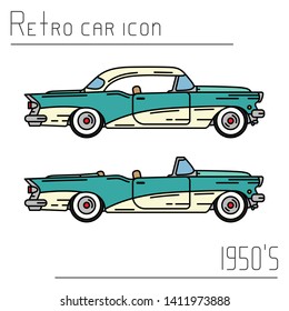 Color vector icon set american cabriolet auto oldtimer. Classic 1950s style. Nostalgia antique automobile. Summer travel vacation. Vintage sport car. Highway race. Collection. Illustration for design.