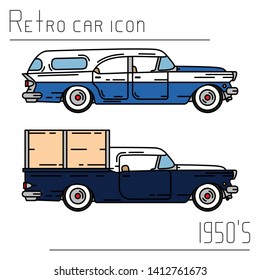 Color vector icon set american family van, pickup auto oldtimer. Classic 1950s style. Nostalgia antique automobile. Summer travel vacation. Highway. Vintage collection car. Illustration for design.