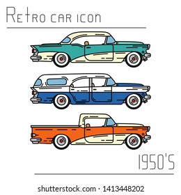 Color vector icon set american cabriolet, coupe, pickup auto oldtimer. Classic 1950s style. Nostalgia antique automobile. Summer travel vacation. Vintage city car. Collection. Illustration for design.