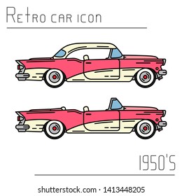 Color vector icon set american cabriolet auto oldtimer. Classic 1950s style. Nostalgia antique automobile. Summer travel vacation. Vintage sport car. Highway race. Collection. Illustration for design.