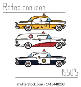 Color vector icon set american taxi, police, ambulance auto oldtimer. Classic 1950 style. Nostalgia antique automobile. City service. Vintage highway car. Sheriff. Cab. Hospital. Illustration clipart.