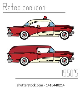 Color vector icon set american fire department auto oldtimer. Classic 1950s style. Nostalgia antique automobile. Rescue city service. Vintage highway car. Garage collection. Illustration for design.