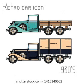 Color vector icon set american oldtimer cargo truck. Classic 1930 style. Nostalgia antique automobile. Transport gas station. Vintage country highway. Worker retro garage. Illustration collection car