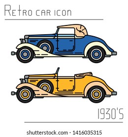 Color vector icon set american auto oldtimer. Classic 1930 style. Nostalgia antique automobile. Summer travel vacation. Vintage cartoon sport. Highway. Garage. Collection car. Illustration for design.