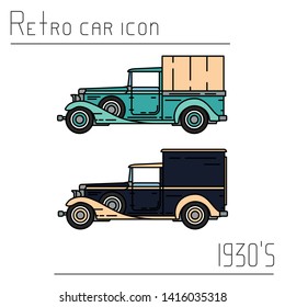 Color vector icon set american oldtimer cargo wagon truck. Classic 1930 style. Nostalgia antique automobile. Worker auto transport station. Vintage highway van. Retro garage illustration collection.