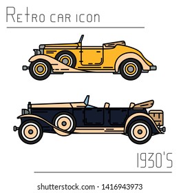 Color vector icon set american auto oldtimer. Classic 1930 style. Nostalgia antique automobile. Summer travel vacation. Vintage cartoon sport. Highway. Garage. Collection car. Illustration for design.