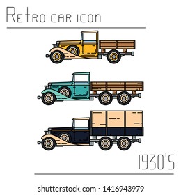 Color vector icon set american oldtimer cargo truck. Classic 1930 style. Nostalgia antique automobile. Transport gas station. Vintage country highway. Worker retro garage. Illustration collection car