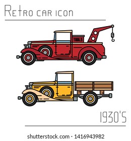 Color vector icon set american oldtimer repair service auto. Classic 1930 style. Nostalgia antique automobile. Transport gas station. Vintage country highway. Retro garage. Illustration collection car