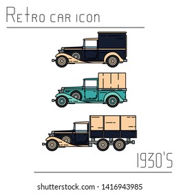 Color vector icon set american oldtimer cargo wagon truck. Classic 1930 style. Nostalgia antique automobile. Worker auto transport station. Vintage highway van. Retro garage illustration collection.