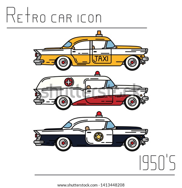 Color vector icon set american taxi, police,\
ambulance auto oldtimer. Classic 1950 style. Nostalgia antique\
automobile. City service. Vintage highway car. Sheriff. Cab.\
Hospital. Illustration\
clipart.