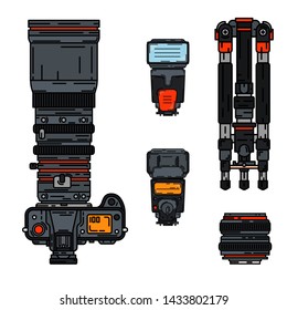 Color vector icon set digital photographer professional equipment. Photography art. Photographic tripod, camera, various lens, flash. Cartoon style illustration, element design. Snapshot photo studio.