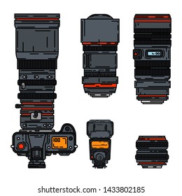 Color vector icon set digital photographer professional equipment. Photography art. Photographic tripod, camera, various lens, flash. Cartoon style illustration, element design. Snapshot photo studio.
