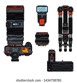 Color vector icon set digital photographer professional equipment. Photography. Photographic power bank, tripod, camera, lens, flash. Cartoon style illustration, element design. Snapshot photo studio.