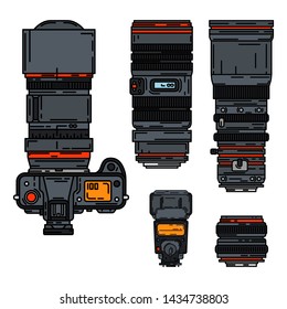 Color vector icon set digital photographer professional equipment. Photography art. Photographic tripod, camera, various lens, flash. Cartoon style illustration, element design. Snapshot photo studio.