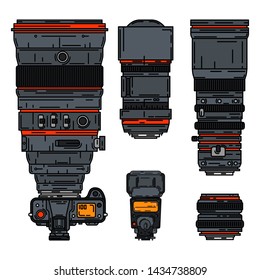Color vector icon set digital photographer professional equipment. Photography art. Photographic tripod, camera, various lens, flash. Cartoon style illustration, element design. Snapshot photo studio.
