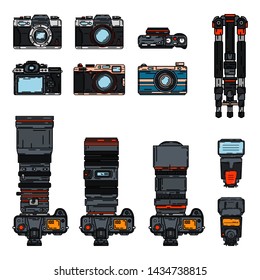 Color vector icon set digital photographer professional equipment. Photography art. Photographic tripod, camera, various lens, flash. Cartoon style illustration, element design. Snapshot photo studio.