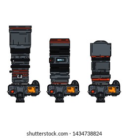 Color vector icon set digital slr professional camera. Photography art. Megapixel photocamera. Cartoon style illustration, element design. Photographic lens. Snapshot equipment. Digital photo studio.