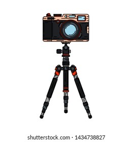 Color vector icon set digital photographer professional equipment. Photography. Photographi camera mounted on a tripod, lens, flash. Cartoon style illustration, element design. Snapshot photo studio.
