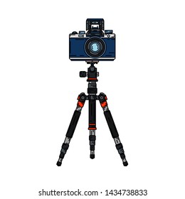 Color vector icon set digital photographer professional equipment. Photography. Photographi camera mounted on a tripod, lens, flash. Cartoon style illustration, element design. Snapshot photo studio.