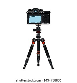 Color vector icon set digital photographer professional equipment. Photography. Photographi camera mounted on a tripod, lens, flash. Cartoon style illustration, element design. Snapshot photo studio.