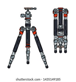 Color vector icon set digital photographer professional studio equipment. Photography art. Photographic camera precast compact tripod. Cartoon style illustration, element design. Photo impressions.