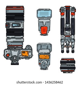 Color vector icon set digital photographer professional equipment. Photography art. Photographic tripod, camera, various lens, flash. Cartoon style illustration, element design. Snapshot photo studio.