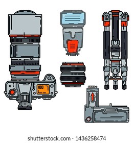 Color vector icon set digital photographer professional equipment. Photography. Photographic power bank, tripod, camera, lens, flash. Cartoon style illustration, element design. Snapshot photo studio.
