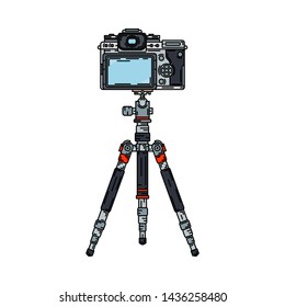 Color vector icon set digital photographer professional equipment. Photography. Photographi camera mounted on a tripod, lens, flash. Cartoon style illustration, element design. Snapshot photo studio.