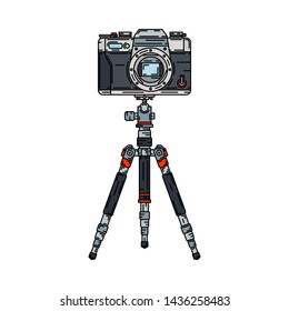 Color vector icon set digital photographer professional equipment. Photography. Photographi camera mounted on a tripod, lens, flash. Cartoon style illustration, element design. Snapshot photo studio.