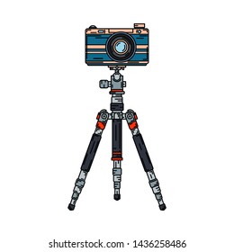 Color vector icon set digital photographer professional equipment. Photography. Photographi camera mounted on a tripod, lens, flash. Cartoon style illustration, element design. Snapshot photo studio.